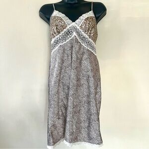Y2k S babydoll slip dress animal print lace brown satin